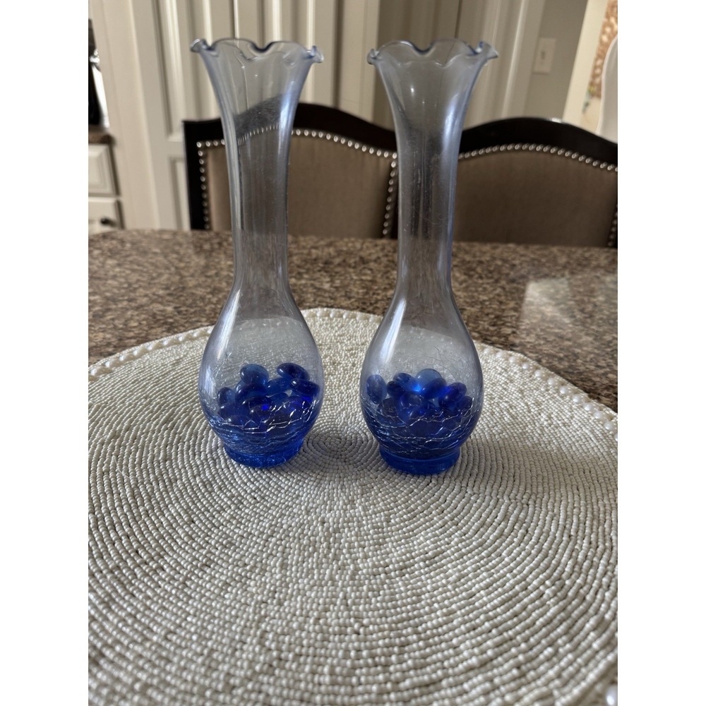 Vintage Set Of Two Blue Crackle Glass Vase Fluted Ruffled Bud Vase Translucent